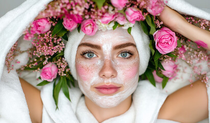 Young woman in towel with white clay facial mask and pink flowers – relaxing beauty and skincare concept.
