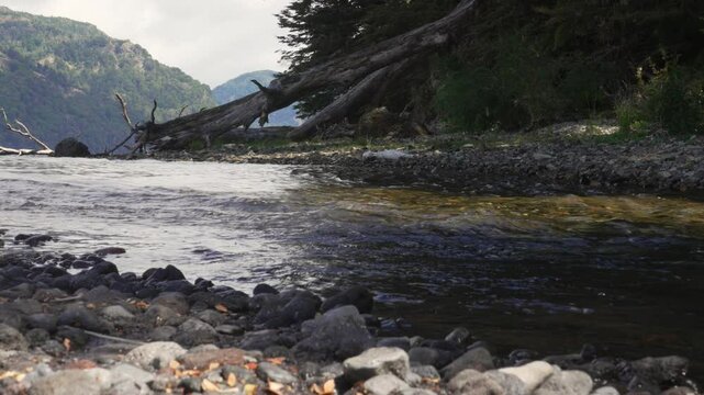 Low-angle static video of the Malleo River flowing from Lake Tromen in Lan&iacute;n National Park, Northern Patagonia, Argentina