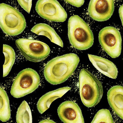 Black seamless pattern with watercolor half an avocado with a pit. Digital illustration. Digital paper.	