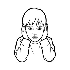 Obraz premium Schoolboy covering his ears with a concerned expression in a simple line art style