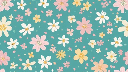 Fototapeta premium Colorful Floral Pattern With Pink, Yellow, and White Flowers on Teal Background, Charming seamless floral pattern featuring pastel pink, yellow, and white flowers on a teal backdrop.