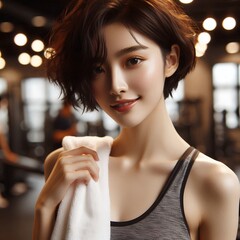Fit Young Asian Woman in Gym Clothes Holding Towel After Workout for Healthy Lifestyle and Fitness Training Concept with Generative AI.