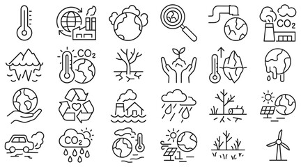 Fototapeta premium Line art icons collection of climate change concepts, illustrating environmental concerns and sustainable solutions