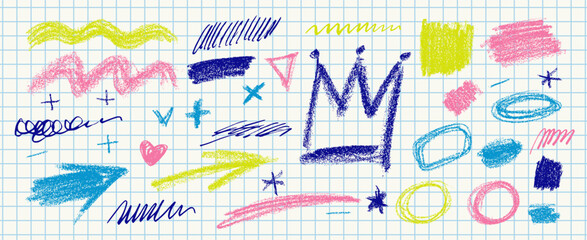 Obraz premium Colorful crayon and chalk doodles, squiggles, stars, heart, crown, punk girly scribbles. Rough strokes, highlight underlines. Hand-drawn abstract shapes in a messy sketchy childish style on grid paper