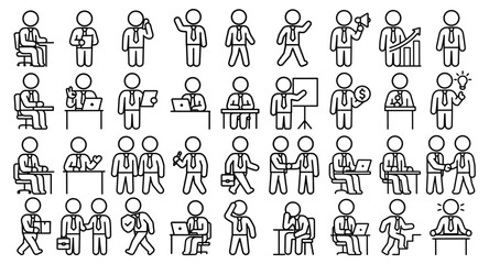 Fototapeta premium Collection of diverse business stick figure icons representing various activities and scenarios in outline design