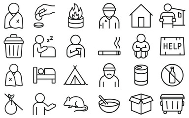 Illustrations depicting homelessness and poverty, raising awareness and promoting social change through visuals, line art icons