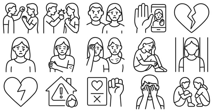 Collection of linear icons representing domestic violence and abuse against women and children, a social issue