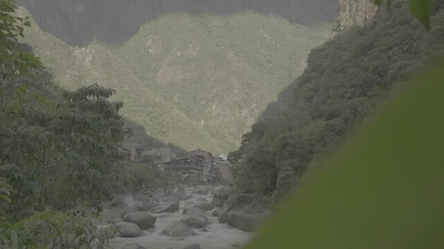 Slowmotion shot of the river flowing in Aguas Calientes Peru on a sunny day LOG