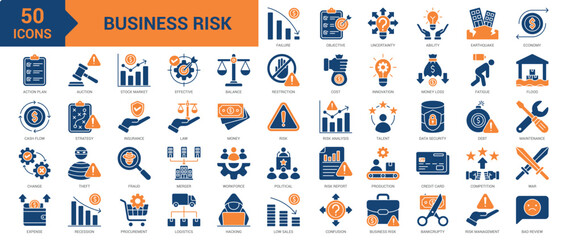 Business Risk icon collection set. Containing war, fraud, recession, failure, debt, hacking, low sales, uncertainty, bankruptcy, risk management, bad review, restriction icon. Simple flat vector