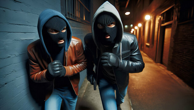 Two masked individuals sneaking through an alley at night, acting as accomplices in a covert mission.