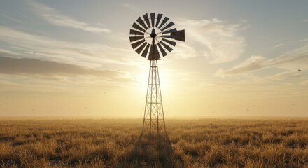 Windmill in golden sunset landscape