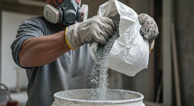 Construction worker wearing a respirator and gloves pouring dry mix material from a bag into a bucket. Man preparing concrete or cement on a building site for renovation. - Powered by Adobe