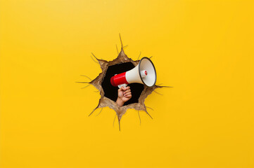 Hand Holding Megaphone Emerging from Hole in Yellow Wall