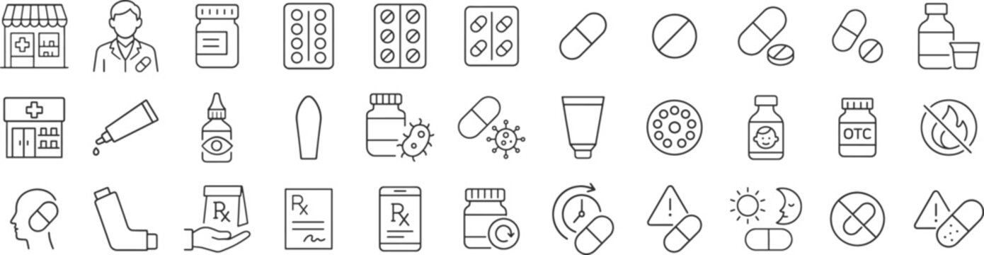 Pharmacy and medicine line icons representing pills, prescriptions, bottles and drug safety vector illustration set. Includes pharmacist, capsules and tablets in thin outline style.