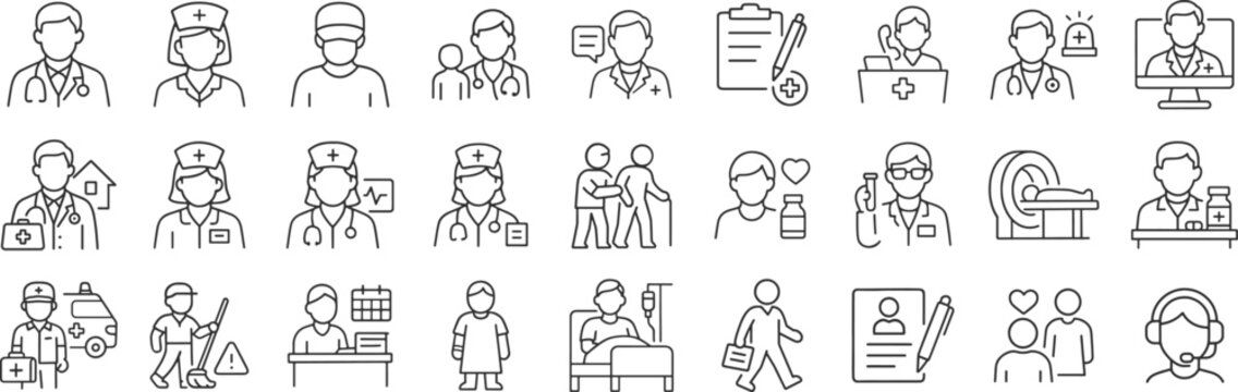 Healthcare professional line icons featuring doctors, nurses, patients, and medical services outline vector illustration set. Includes consultation, diagnostics, emergency care and telemedicine.