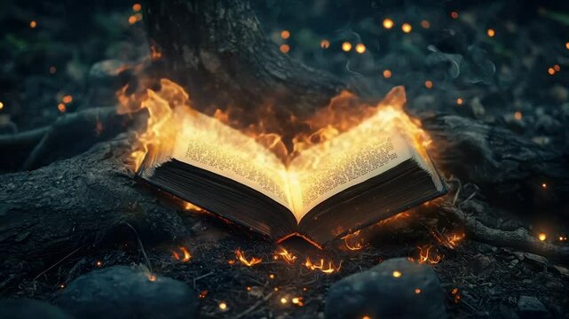 Burning ancient book engulfed in flames at tree base