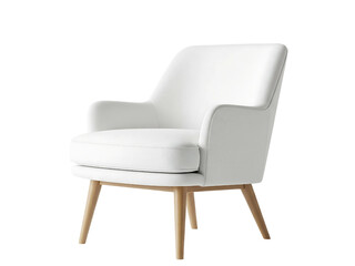 Modern White Upholstered Armchair with Wooden Legs Isolated on Transparent Background, Minimalist and Elegant Seating for Home and Office.