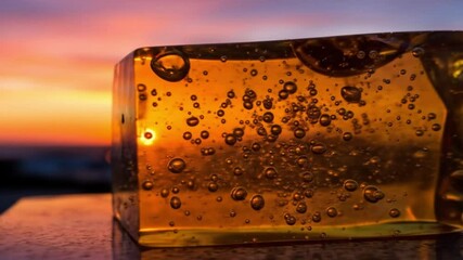 A golden cube with bubbles reflecting the sunset sky in the background on a shiny surface - Powered by Adobe