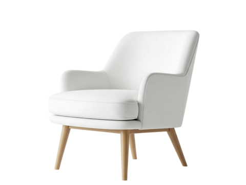 Modern White Upholstered Armchair with Wooden Legs Isolated on Transparent Background, Minimalist and Elegant Seating for Home and Office.