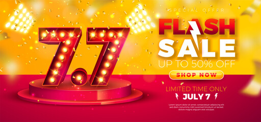 7 July Shopping Day Flash Sale Design with 3d 7.7 Number, Light Bulb Billboard and Stage Podium on Red Background. Vector Summer Special Offer 50 Percent Off Campaign Discount Illustration for Coupon
