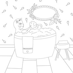 Cat in bathtub with foam and bubbles black and white coloring page vector illustration