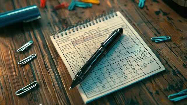Black pen rests on a spiral-bound calendar on a wooden desk