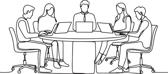 Fototapeta premium Continuous single line drawing of five people working on laptops at a shared desk in a modern minimalist office workspace