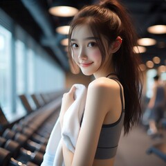 Fit Young Asian Woman in Gym Clothes Holding Towel After Workout for Healthy Lifestyle and Fitness Training Concept with Generative AI.