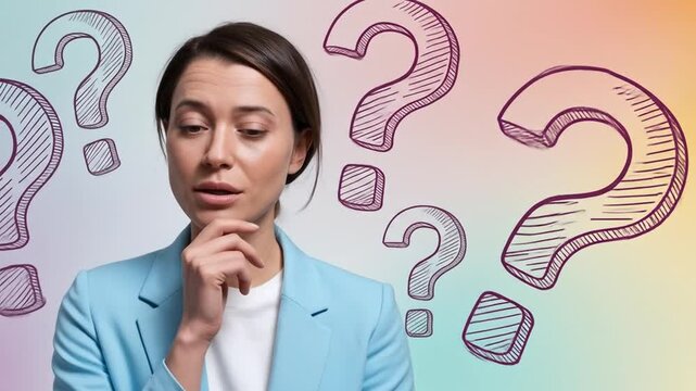 Woman in blue jacket contemplates numerous question marks, symbolizing uncertainty, decision-making, and problem-solving