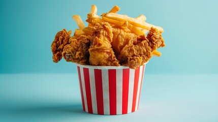 pizza and crisp, golden-brown fried chicken piled high in a sleek, pure check bucket, accompanied by perfectly seasoned French fries 