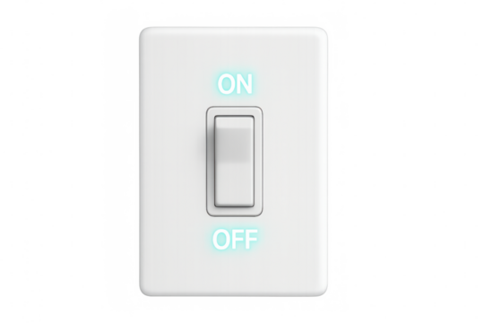 White light switch showing on and off positions on transparent background, ideal for energy saving and home automation concepts