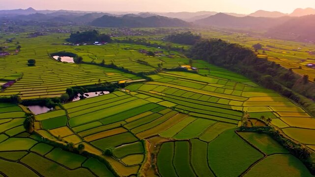 Aerial view terraced rice paddies landscape
