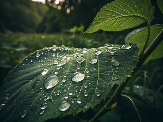 Rain-Soaked Green Leaf with Water Droplets (Macro)
