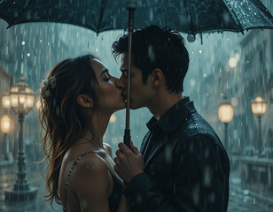 Romantic Couple Kissing Under the Rain with Hidden Faces