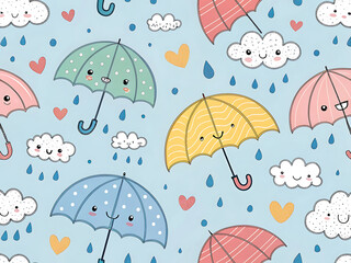 Cute Rainy Season Seamless Pattern with Umbrellas and Raindrops