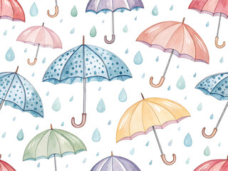 Seamless Watercolor Umbrellas with Raindrops Pattern