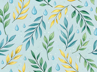 Watercolor Seamless Leaves with Rain Droplets Pattern