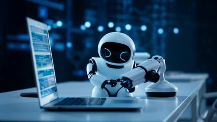 Small robot using robotic arm while interacting with laptop screen  