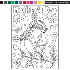 Mother's day coloring page for kids and adults mother's day illustration