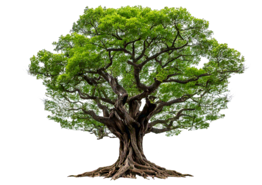 Large old tree with gnarled roots and twisted branches isolated on transparent or white background