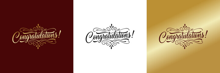 Decorative greeting lettering "Congratulations!", nscription for cards t-shirt print, three design variants, one on transparent background