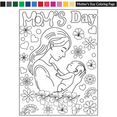 Mother's day coloring page for kids and adults mother's day illustration