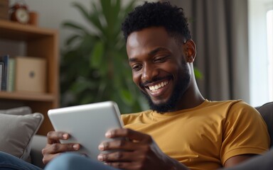 Black man, tablet and smile for social media post, shopping online or browsing internet creative content at home. Young african american happy, relax and calm on tech digital app on device