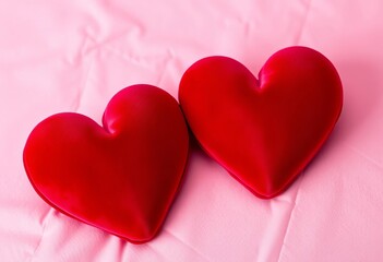 Obraz premium Two plush velvet hearts, rich crimson, nestled on a soft pink backdrop, interior design, love