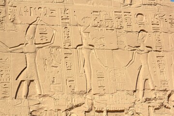 Ancient egyptian hieroglyphs on the wall of karnak temple in Luxor, Egypt.