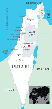 A detailed map of Israel displaying major cities, borders, and surrounding regions, including the West Bank and Gaza Strip