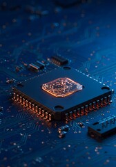 Electronic Chip on Blue Circuit Board Background