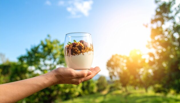 Healthy granola parfait held up to the sky, with nature background and sunshine, fresh and vibrant outdoor food scene