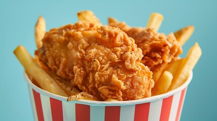 pizza and crisp, golden-brown fried chicken piled high in a sleek, pure check bucket, accompanied by perfectly seasoned French fries 