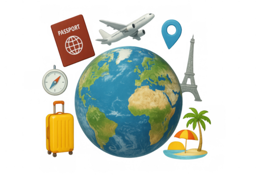 Planet earth with airplane, passport, luggage, compass, location pin, eiffel tower, and tropical island on transparent background illustrating summer vacation trip planning